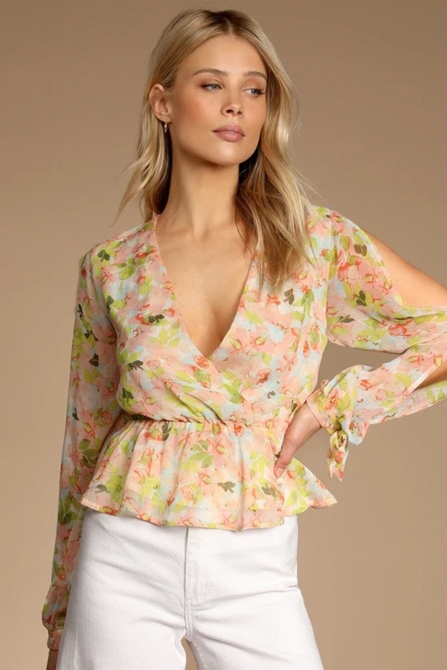 Lulus Spring Vibes White Floral Print Cutout Long Sleeve Peplum Top XL